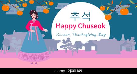 Illustration de vacances coréennes Chuseok. Paysage de campagne avec hanks, arbres, pleine lune. Petite fille de dessin animé à hanbok. Vêtements traditionnels. Concept pour les vacances Illustration de Vecteur