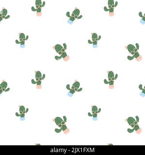 Joli motif sans coutures avec cactus. Vecteur dans un style plat simple sur fond blanc. Personnage drôle avec des lunettes. Imprimé écologique naturel. Illustration de Vecteur