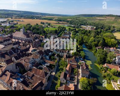 Nord de la région viticole de Bourgogne, vue sur le village de Chablis avec célèbre vin blanc sec à base de raisin Chardonnay, circuit œnologique en France en été Banque D'Images