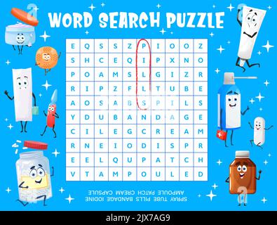 Personnages de pommade de dessin animé, de médicaments et de comprimés, feuille de travail de jeu de puzzle de recherche de mots vectoriels. Grille de quiz pour enfants, jeu éducatif avec bouteille de pilule souriante, vaporisateur, capsule et plâtre, tube de crème, ampoule Illustration de Vecteur