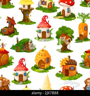 Motif sans couture de maisons de conte de fées de dessins animés et de logements de gnome elf, fond vectoriel. Conte de fées maisons village et nains huttes en champignons, carotte ou botte et ruche Illustration de Vecteur