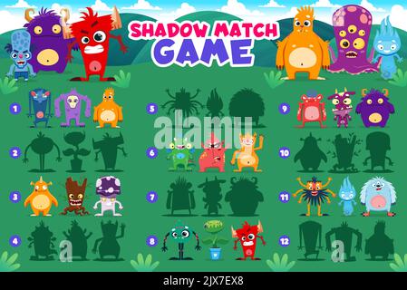 Jeu Shadow Match. Personnages de dessin animé monstre. Jeu de jeu de match d'ombre d'enfant ou quiz scénario feuille de travail avec zombie, extra-terrestre et yeti drôle, diable en colère, dragon de fantaisie et de l'esprit de flamme mignons personnages Illustration de Vecteur