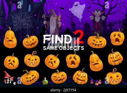 Trouvez deux citrouilles de même dessin animé Halloween. Objets comparez le jeu, l'activité de jeu d'enfants ou la feuille de travail de vecteur de quiz avec les visages créepy Jack o lanterne d'Halloween, sorcerer et Dracula vampire personnages Illustration de Vecteur