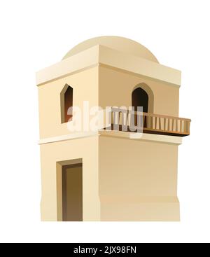 Cabane à impériale en argile arabe avec balcon. Moyen-Orient Adobe habitation. Maison traditionnelle d'Afrique et d'Asie. Isolé sur fond blanc vecteur. Illustration de Vecteur