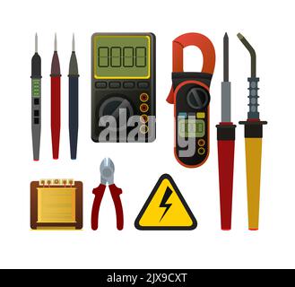 Jeu d'outils pour électricien. Réparation de matériel électronique radio et de microprocesseur. Pièces de rechange et service. Isolé sur blanc Illustration de Vecteur