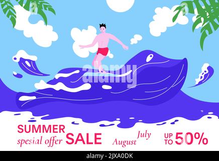 Une femme surfeuse fait le tour de la vague de précipitation barrée. Super Summer sale bannière colorée et lumineuse. Illustration Flat Art Banque D'Images