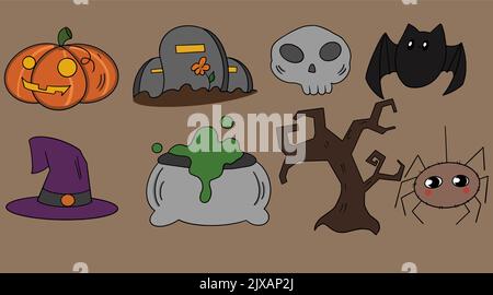 Halloween tombstone arbre chou-fleur avec potion pointu chapeau Illustration de Vecteur