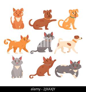 Ensemble de chiens et chats mignons dans différentes poses. Chiens et chats drôles isolés sur fond blanc. Illustration vectorielle plate. Illustration de Vecteur