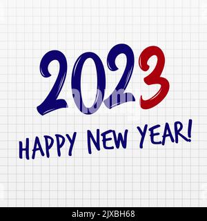 stylo à 2023 chiffres écrit sur fond de feuille de papier blanc quadrillé. Affiche de l'événement du nouvel an heureux, couverture de carte de vœux, conception du calendrier 2023, invitation Illustration de Vecteur
