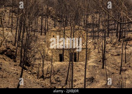 Les bains (dents en catalan) et la vallée de la Flequer après le feu de 2022 Pont de Vilomara dans le Parc naturel de Sant Llorenç del Munt i l'Obac Catalogne Espagne Banque D'Images