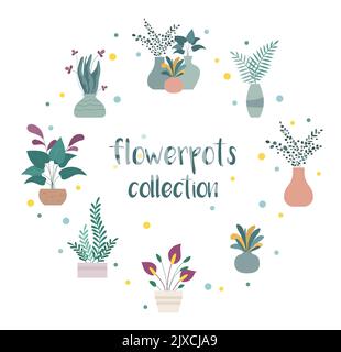 Collection pots de fleurs. Jolie maison fleurs dans des vases et pots. Plantes d'intérieur tendance de style plat. Illustration vectorielle. Illustration de Vecteur