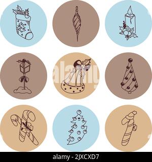 Ensemble de motifs de noël et d'hiver dessinés à la main dans un vecteur. Collection festive isolée sur fond blanc. Design pour icônes, boutons, vacances Illustration de Vecteur