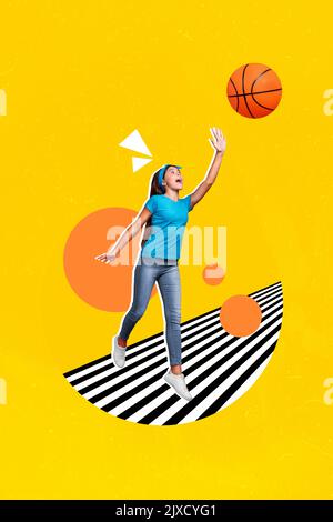 Image de collage vertical d'excitée Happy girl jump play basket-ball isolée sur fond jaune de dessin Banque D'Images