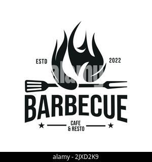 Logo vintage du restaurant-grill hippster avec fourchette et spatule à feu. Motif vectoriel logo Stamp Illustration de Vecteur