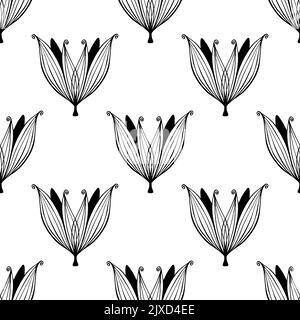 Motif sans couture avec silhouettes de fleurs en forme de doodle de couleur noire sur fond blanc. Décoration grecque. Dessin à la main. Illustration vectorielle Illustration de Vecteur