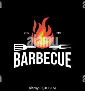 Barbecue grill vintage restaurant logo design - élément de spatule fourchette flamme, fond sombre Illustration de Vecteur