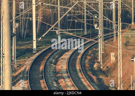 Deux jeux de rails de chemin de fer parallèles sous les mâts de la structure de puissance électrique. Forêt de bouleau en arrière-plan. Thème de l'infrastructure ferroviaire. Banque D'Images