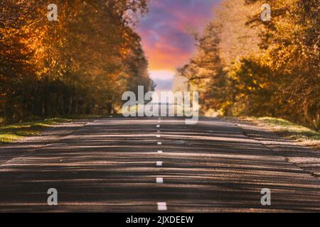 Concept de Road Trip. Coucher de soleil d'automne au-dessus du paysage de la route. Chemin menant à Horizon. La route continue. Chemin sans fin vers le succès. Chargement. Objectif Banque D'Images