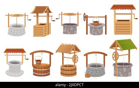 Ensemble de bois et de puits en pierre avec toit de corde et illustration vectorielle de seau isolée sur fond blanc Illustration de Vecteur