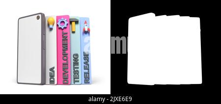 concept de développement d'applications mobiles les étapes de développement d'applications 3d sont rendues en blanc avec alpha Banque D'Images