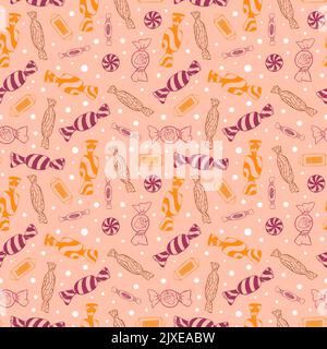 Motif sans couture avec bonbons dans un emballage. Bonbons dessinés à la main. Illustration vectorielle. Illustration de Vecteur