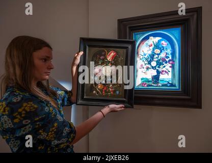 Sotheby’s, Londres, Royaume-Uni. 7 septembre 2022. Dévoilée en Europe pour la première fois, la collection Old Master Still Life nous transporte au début du siècle 17th où les pays-Bas ont connu une explosion de richesse et de créativité sans précédent. Toutes peintes dans un délai de 50 ans, cette collection retransfigure l'évolution de ce genre artistique dans son moment le plus vital. Dans les galeries de Londres de Sotheby, cette collection sera présentée avec des œuvres d’artistes britanniques, Rob et Nick carter, complétées par des installations du studio floral Sage Flowers du sud de Londres. Crédit : Malcolm Park/Alay Live News Banque D'Images