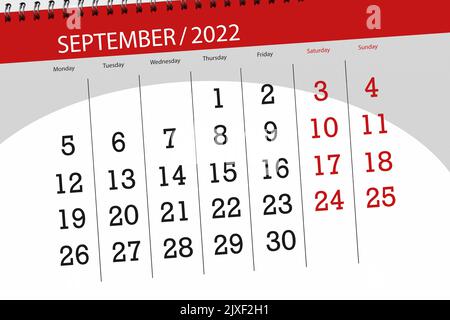 Calendrier du mois de septembre 2022, date limite. Banque D'Images