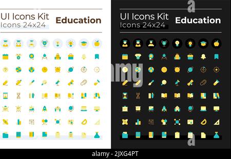Les icônes de l'interface utilisateur couleur plate de l'enseignement à distance sont définies pour le mode sombre et clair Illustration de Vecteur