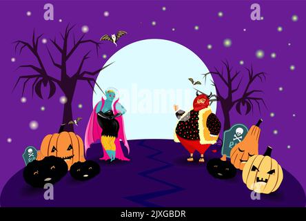 Affiche horizontale Halloween avec vampires, citrouilles et diable. Motif Halloween brillant. Illustration de Vecteur