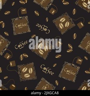 Fond de panier à café et motif vectoriel de grains sans couture. Toile de fond marron noir avec sachets de lattes fraîchement brassées jetables, americanos. Grunge Illustration de Vecteur