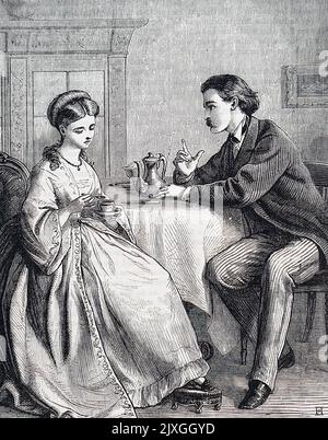 Illustration représentant un mari et une femme en discussion au cours du petit déjeuner. Illustré par Edward Robert Hughes (1851-1914), peintre et illustrateur anglais. Daté du 19th siècle Banque D'Images