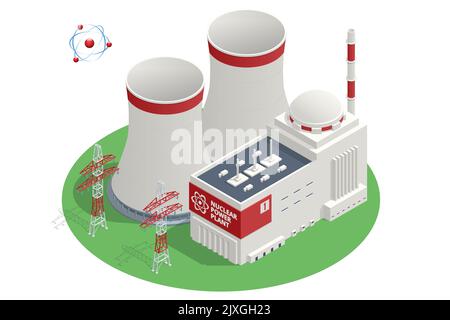 Les centrales nucléaires isométriques sont un type de centrales électriques qui utilisent le processus de fission nucléaire pour produire de l'électricité. Réacteur nucléaire Illustration de Vecteur