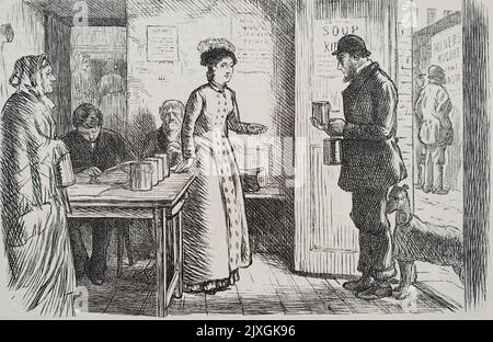 Illustration représentant un homme entrant dans une cuisine à soupe à Londres. Daté du 19th siècle Banque D'Images