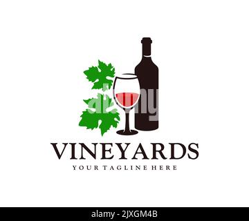 Bouteille de vin, verre de vin et feuilles de raisin, logo. Vinification, caves de vinification, vignobles et boissons alcoolisées, design vectoriel et illustration Illustration de Vecteur