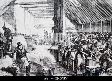 Illustration représentant une cuisine à soupe dans l'est de Londres. Tous les jours sauf le dimanche, entre 3000 et 4000 pintes de soupe nourrissante était vendue aux pauvres à un penny par pinte. Daté du 19th siècle Banque D'Images