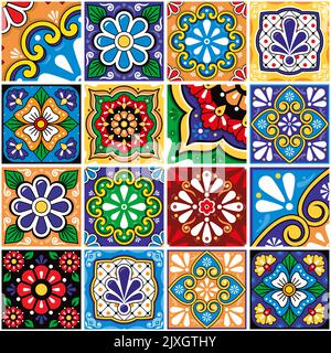 Talavera mexicain carreaux grande collection, décoratif sans couture motif vectoriel ensemble avec fleurs, feuilles et tourbillons Illustration de Vecteur