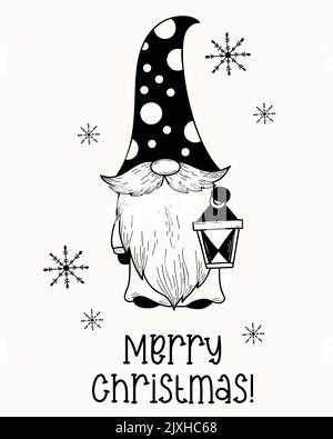 Gnome de jardin scandinave avec lanterne. Gnome à neige pour l'hiver et le style de dessin animé de noël. Illustration vectorielle, dessin à la main. Joyeux Noël g Illustration de Vecteur