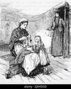 Illustration représentant une dame qui donne de la charité à une veuve et un enfant indigents. Daté du 19th siècle Banque D'Images