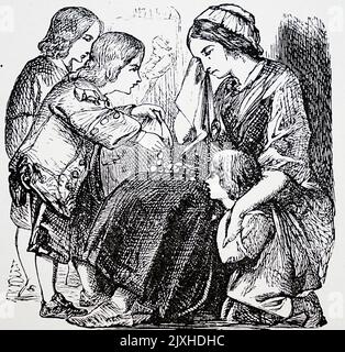 Illustration représentant un jeune garçon qui donne de la charité à une mère et un enfant démunis. Daté du 19th siècle Banque D'Images