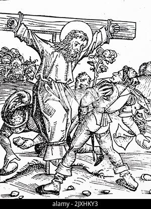 Coupe de bois représentant le martyre de l'Apôtre Philippe par crucifixion et lapidation. Daté du 15th siècle Banque D'Images