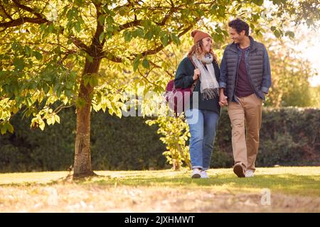 Couple aimant heureux tenant les mains marchant dans le parc d'automne ensemble Banque D'Images