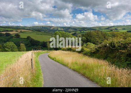 Une ruelle de campagne sur Heale avec la vallée de Heddon et les collines de Challacombe Common Beyond, Parc national d'Exmoor, North Devon, Angleterre. Banque D'Images