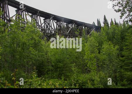 Vieux pont de chemin de fer en bois au-dessus de la rivière; Skagway, Alaska, Banque D'Images