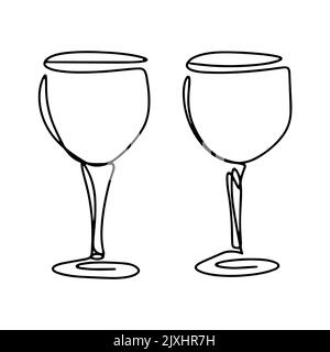 Paire de verres à vin vecteur art ligne isolé. Verres sur les jambes pour boissons alcoolisées. Ustensiles pour boire contour noir sur fond blanc Illustration de Vecteur