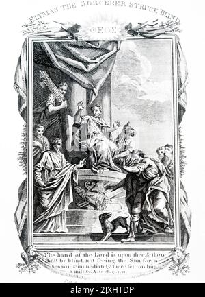 Illustration illustrant Elymas le sorcier frappé à l'aveugle par le Saint-Esprit pour avoir essayé d'empêcher Sergius Paulus d'entendre Saint-Paul sur Paphos. Daté du 19th siècle Banque D'Images
