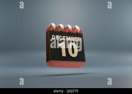 Calendrier de bureau noir et rouge avec date 10 décembre. Design moderne avec éléments dorés, 3D images de rendu. Fond gris bleu Banque D'Images