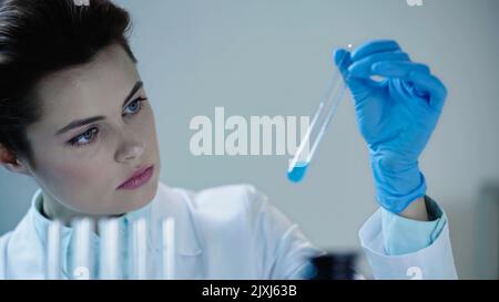 scientifique féminine attentive regardant le liquide bleu dans le tube à essai et écrivant les résultats, image de stock Banque D'Images