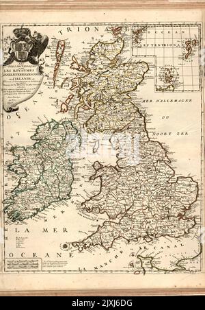 Carte des îles britanniques 1698 les îles britanniques ou les royaumes d'Angleterre, d'Écosse et d'Irlande se répartissent en provinces. Affiche les frontières politiques, les villes, les ports, les itinéraires, la topographie, végétation, lacs, drainage, côtes et îles. Grugeage illustré par illustration. Inclut des lignes latitudinales et longitudinales, ainsi qu'une légende, trois échelles à barres et des notes explicatives. Cartouche décorative avec ange. Avec carte détaillée : septentrional occéen. Gravure en noir et blanc avec bordures colorées à la main. Banque D'Images