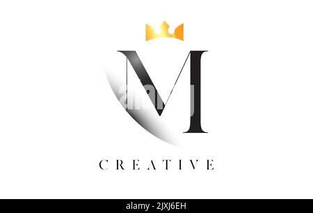 Logo lettre M avec icône Golden Luxury Royal Crown et vecteur de lettre ombre. Sérif police m logo élégant design minimaliste. Illustration de Vecteur