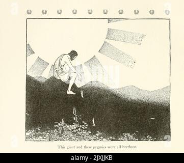 Ce géant et ces pygmées étaient tous des frères de ' The Pygmies ' du livre ' Tanglewood Tales ' de Nathaniel Hawthorne, 1804-1864; illustré par Virginia Frances Sterrett, Date de publication 1921 Publisher Philadelphie Penn Pub Co. Tanglewood Tales for Boys and Girls (1853) est un livre de l'auteur américain Nathaniel Hawthorne, une suite à Un Wonder-Book for Girls and Boys. C'est une réécriture de mythes grecs bien connus dans un volume pour les enfants. Banque D'Images